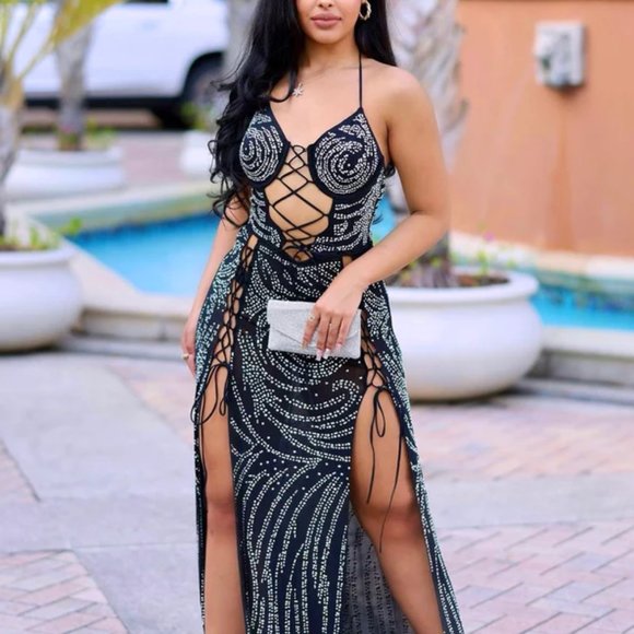 Rhinestone Halter Neck Cami Maxi Dress - Picture 3 of 4